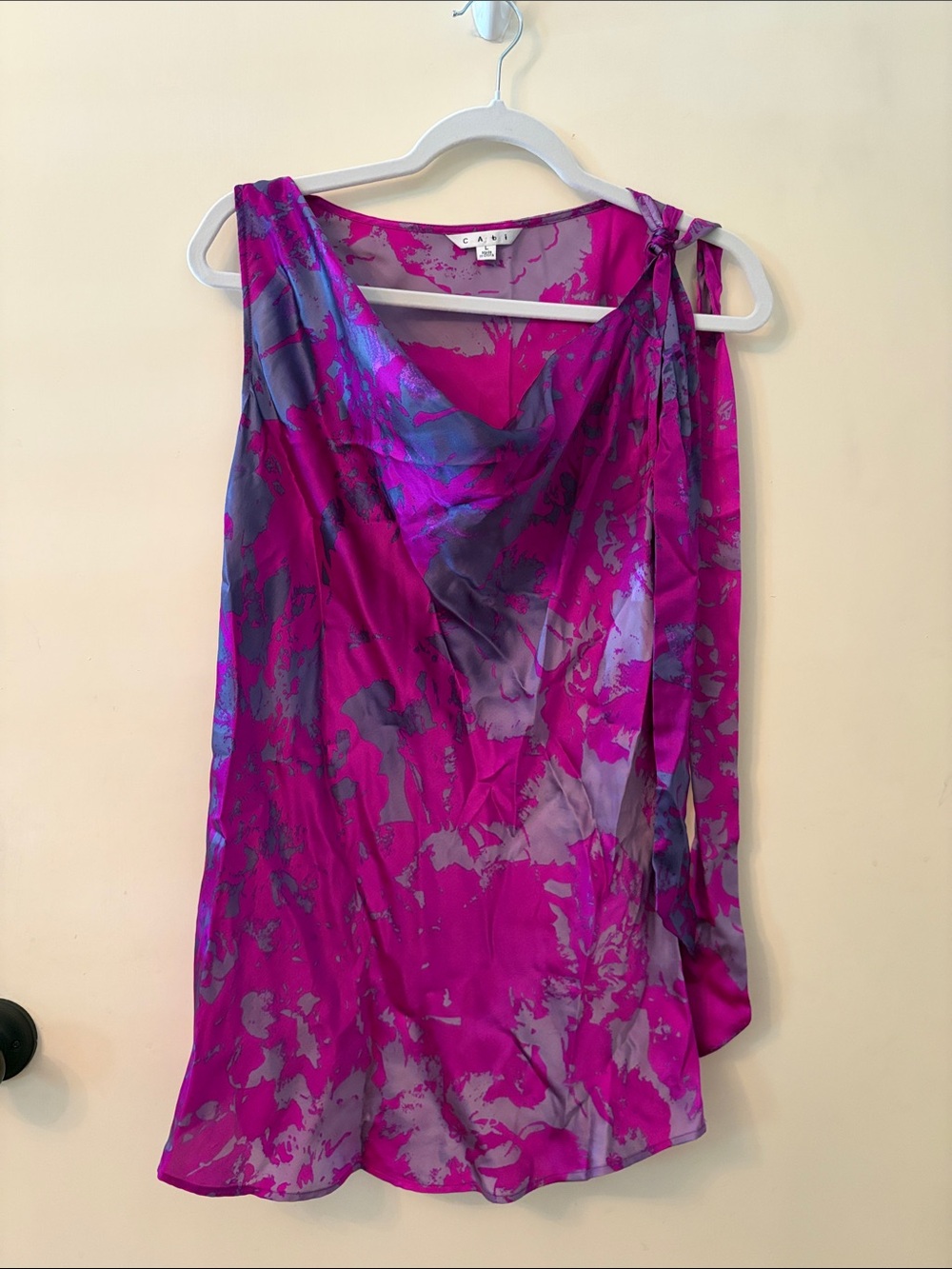 CAbi Fuchsia and Purple One-Shoulder Cowl drape blouse